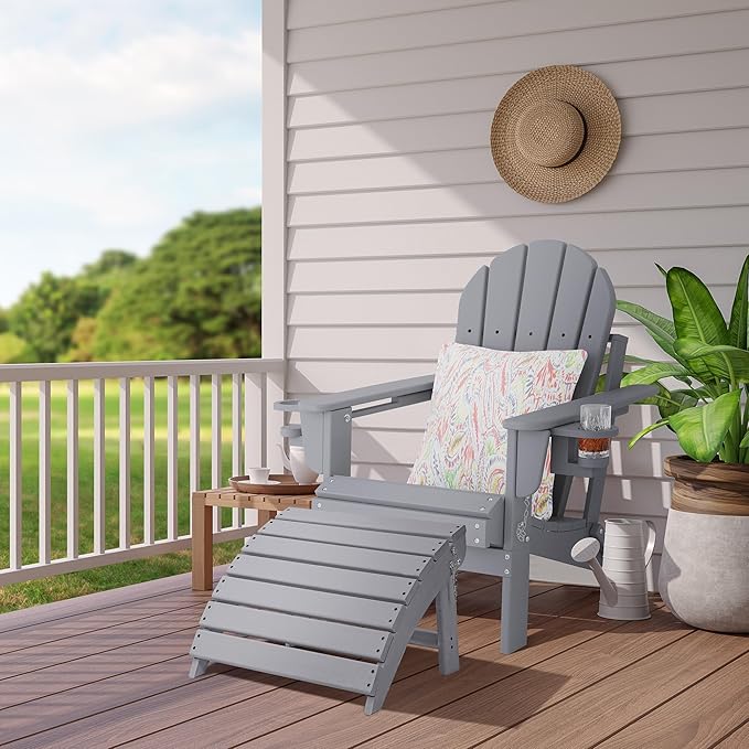 Sundale Outdoor Folding Plastic Adirondack Ottoman, All-Weather Adirondack Chair Footrest, Fade and Rust Resistant, Perfect for Outside Patio Garden Pool Yard Grey-Ruum Studio Home