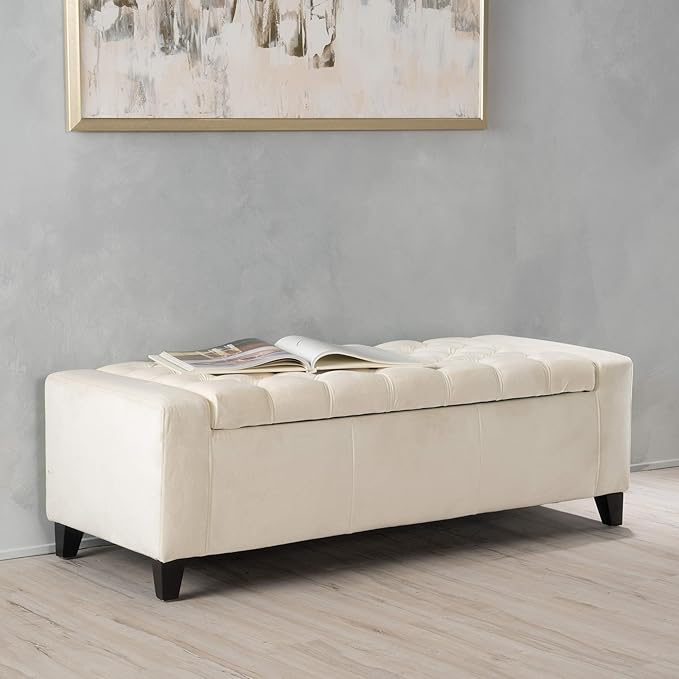 Christopher Knight Home Hikaru Velvet Storage Ottoman, Ivory 19.75”D x 50.00”W x 17.48”H-Ruum Studio Home