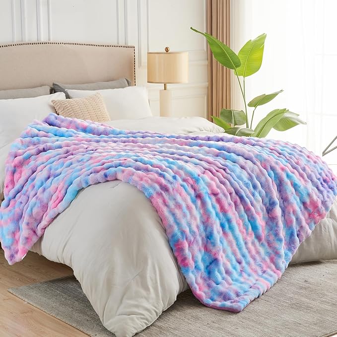 NEWCOSPLAY Faux Fur Twin Blanket Purple Rainbow Luxury Fluffy Thick Warm Bubble Blanket for Couch Sofa Bed 700GSM (Purple Rainbow, Twin(60"x80"))-Ruum Studio Home
