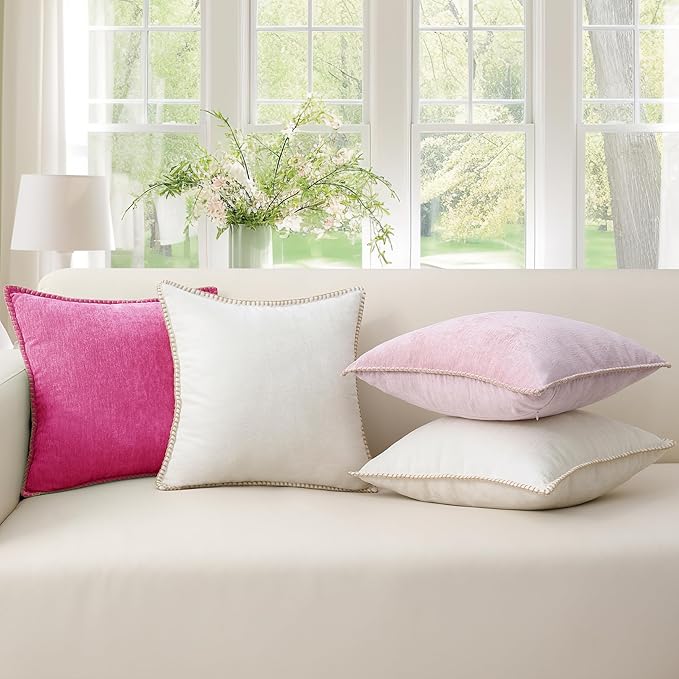 decorUhome Chenille Soft Throw Pillow Covers 20x20 Set of 2, Farmhouse Velvet Neutral Decorative Euro Pillow Covers with Stitched Edge for Couch Sofa Bed Home Decor, Hot Pink-Ruum Studio Home