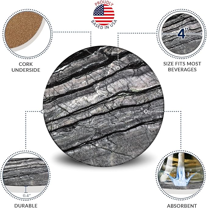 Emerson Coasters for Drinks Absorbent – Natural Stone Drink Coasters Set with Holder, Coasters for Coffee Table, Wooden Tabletop Protection Marble Style – 100% Heavy Duty Set of 6 (Obsidian)-Ruum Studio Home