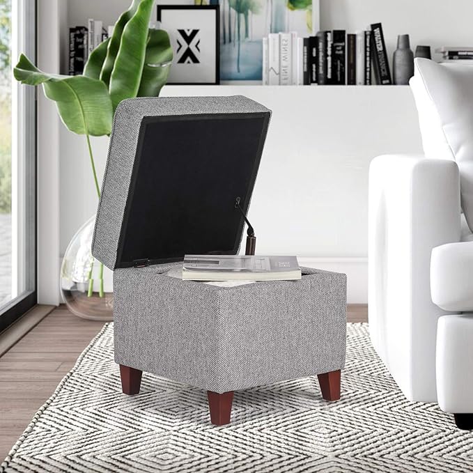 Adeco 17" Square Ottoman with Storage, Small Blue Storage Ottoman Foot Rest with Hinged Lid & Solid Wood Legs, Linen Fabric Foot Stool for Living Room & Bedroom-Ruum Studio Home