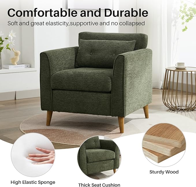 Modern Accent Chair with Wooden Legs Plush Fabric Armchair Cozy Reading Chair for Living Room, Bedroom, Study (Green Armchair)-Ruum Studio Home