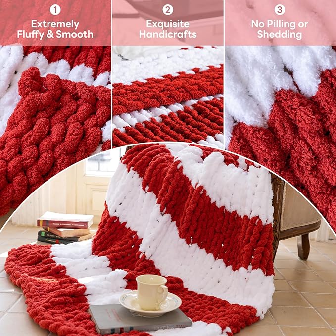 Chunky Knit Blanket - Luxury Soft Cozy 50 * 60 Throw Blanket,100% Woven Blanket Rope Knot Throw Blanket for Couch, Sofa, Home Decor, Gift - Machine Washable（White/Wine red）-Ruum Studio Home