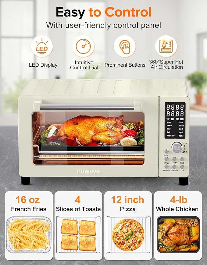 Nuwave Bravo Pro Smart Air Fryer Toaster Oven Combo, Airfryer Convection Oven Countertop, 10-in-1 Functions with Quicker & Even Crisp Technology, 1800W, 50-450°F, PFAS-Free, 21QT, Vanilla Cream-Ruum Studio Home