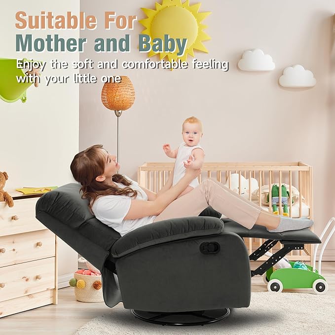 Swivel Rocker Recliner for Adults, Rocking Small Recliner Chair for Small Spaces, Glider-Nursery Rocking Chair for Living Room, RV, Nursery, Bedroom, Grey-Ruum Studio Home