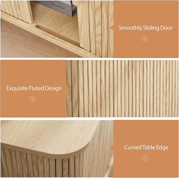 Farmhouse Square End Table with Charging Station, 24" Large Fluted Sofa Side Table with Sliding Tambour Door and Storage, Rustic Curved Wood Nightstand for Living Room, Bedroom, Natural-Ruum Studio Home