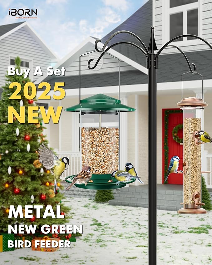 iBorn Metal Bird Feeders for Outdoors Hanging,Wild Bird Feeders for Cardinal,18cm Large Roof&Tray New Green 6 Port (Seed is not Included)-Ruum Studio Home