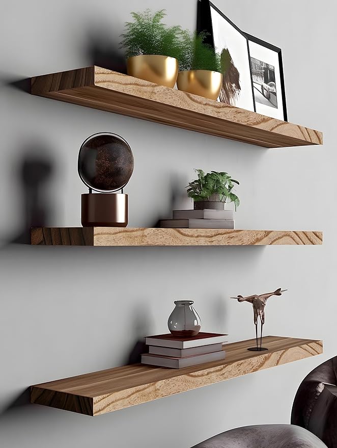 Wood Floating Shelves for Wall, Rustic Wall Shelves for Bedroom, Wall Mounted Floating Shelf, Set of 4 Light Walnut 36 Inch-Ruum Studio Home