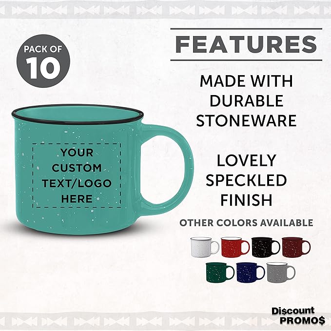 DISCOUNT PROMOS Custom Ceramic Campfire Coffee Mugs 13 oz. Set of 10, Personalized Bulk Pack - Perfect for Tea, Espresso, Cappuccino, Hot Cocoa - Mint-Ruum Studio Home