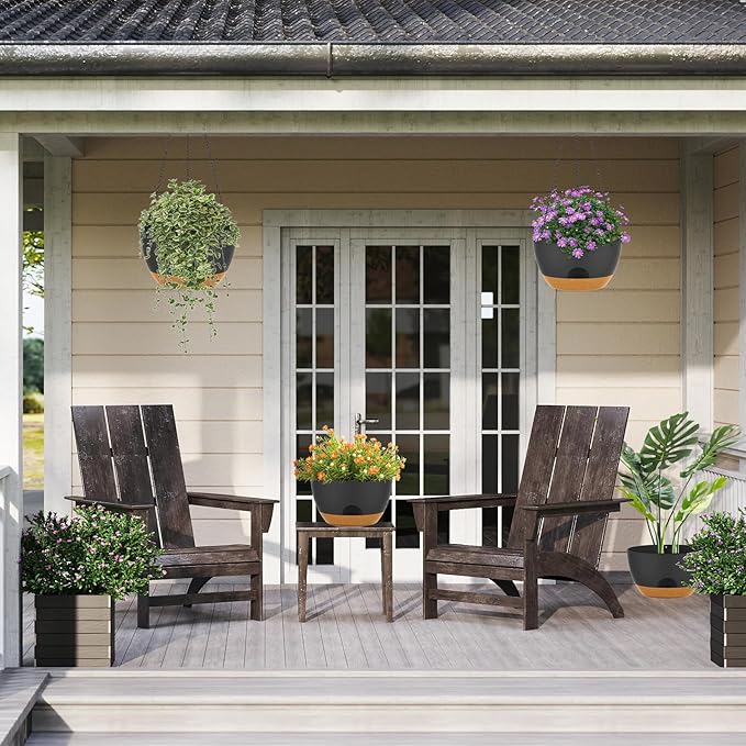 12 Inch Hanging Baskets 2 PC with Chains, Self-Watering Hanging Planters for Indoor Outdoor Plants, Plastic Hanging Flower Pots,Black Brown-Ruum Studio Home
