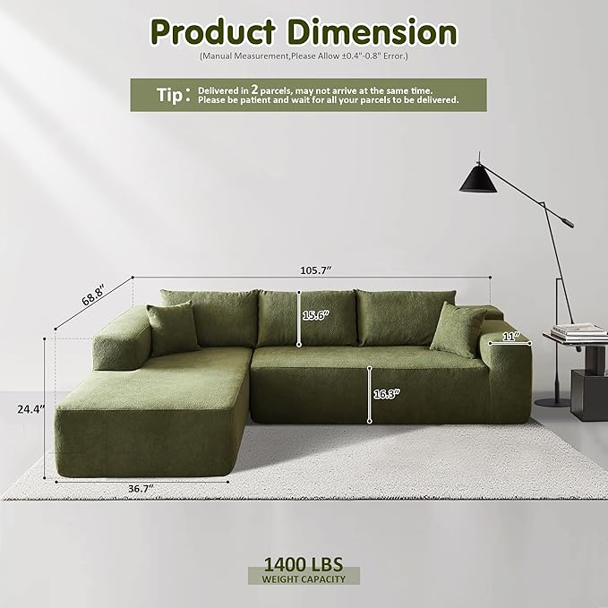 ovios 104" Cloud Sectional Couch with L-Shape Chaise,Modern Modular Sofa with Deep Seat, Upholstered Couches for Living Room Bedroom,No Assembly Required, Green (Cloud Velvet)-Ruum Studio Home