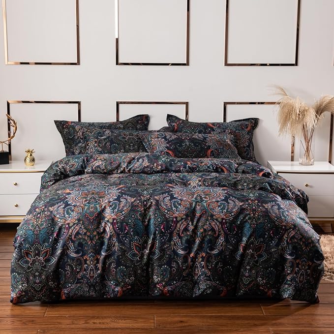 ABREEZE Luxury Vintage Black Duvet Cover Sets Damask Paisley Bedding Set Retro 100% Brushed Cotton Zipper Closure Bedding Collection Queen Size-Ruum Studio Home