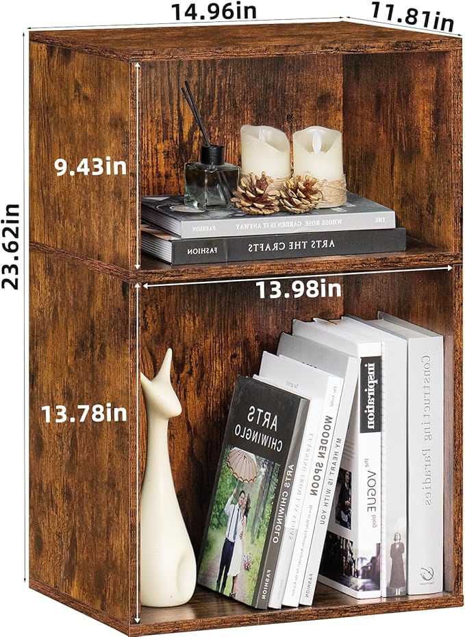 LEYAOYAO 2 Cube Bookshelf,Brown Record Player Stand Holds up to 100 Albums, Mini Wood Book Shelf Storage Organizer,Turntable Stand with Vinyl Storage Cabinet, Narrow Open Bookcase for Small Spaces-Ruum Studio Home