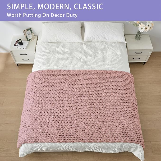 Bigacogo Chunky Knit Throw Blanket for Couch, 40x80 inches, 100% Hand Knitted with Thick Jumbo Chenille Yarn, Cozy Soft Large Rope Knot Cable Crochet Blankets for Sofa Bed Living Room, Dusty Pink-Ruum Studio Home