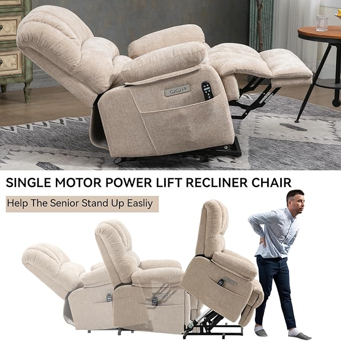 Large Power Lift Recliner Chair with Massage and Heat for Elderly, Ergonomic Backrest, Infinite Adjust, 2 Side Pockets,USB and Type-C Ports, Chenille Beige-Ruum Studio Home