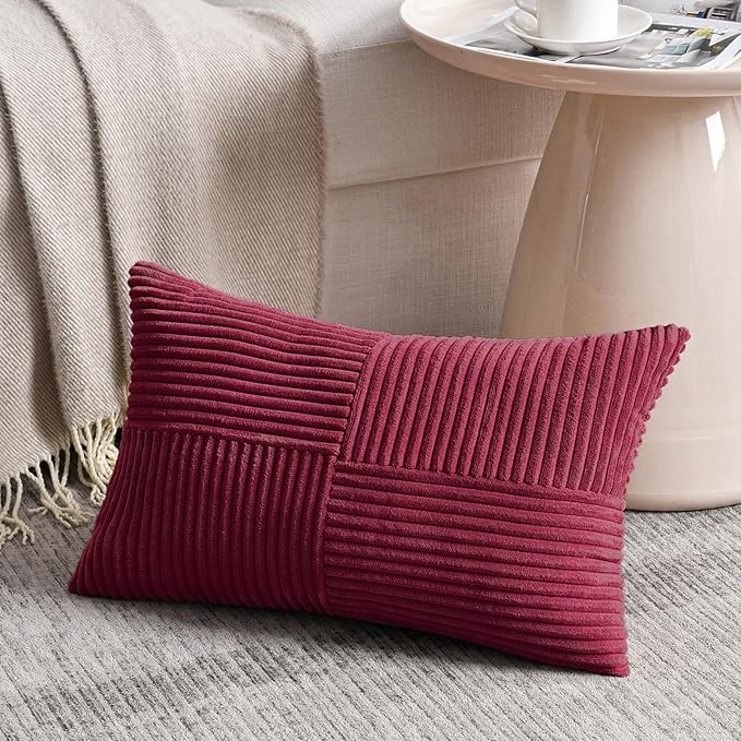 Fancy Homi 2 Packs Burgundy Long Lumbar Decorative Throw Pillow Covers 16x24 Inch for Couch Bed Sofa, Rustic Farmhouse Boho Home Decor, Soft Striped Corduroy Rectangle Accent Cushion Case 40x60 cm-Ruum Studio Home