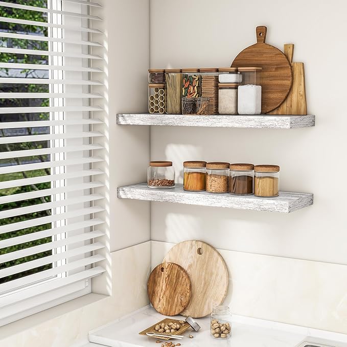 RICHFOCUS 36Inch Floating Shelves for Wall 2 Pack Shelves for Bedroom|Kitchen|Bathroom Wall Mounted Rustic Distressed Wood Floating Shelf with Invisible Brackets for Books|Storage|Decor, Rustic-Ruum Studio Home