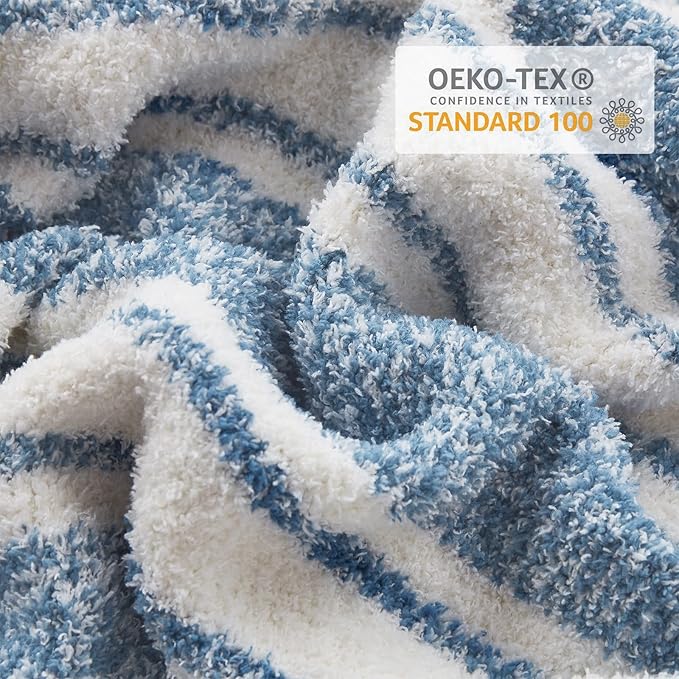 Snuggle Sac Queen Size Bedding Blankets, Oversized Bed Blankets Super Soft Warm Cozy Knit Fuzzy Blankets for Bed, Bedroom, Stripe Blue, 90"x90"-Ruum Studio Home