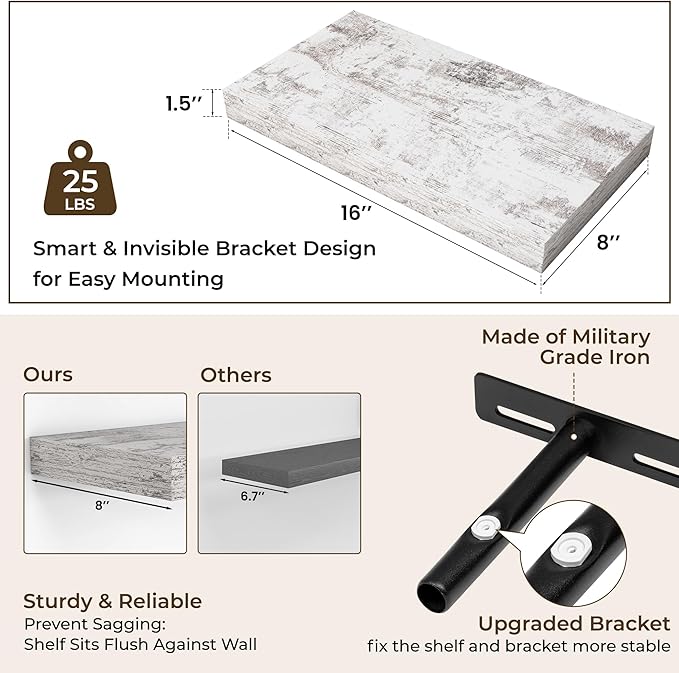 RICHFOCUS 16Inch Floating Shelves for Wall 2 Pack Shelves for Bedroom|Kitchen|Bathroom Wall Mounted Rustic Distressed Wood Floating Shelf with Invisible Brackets for Books|Storage|Decor, Rustic-Ruum Studio Home