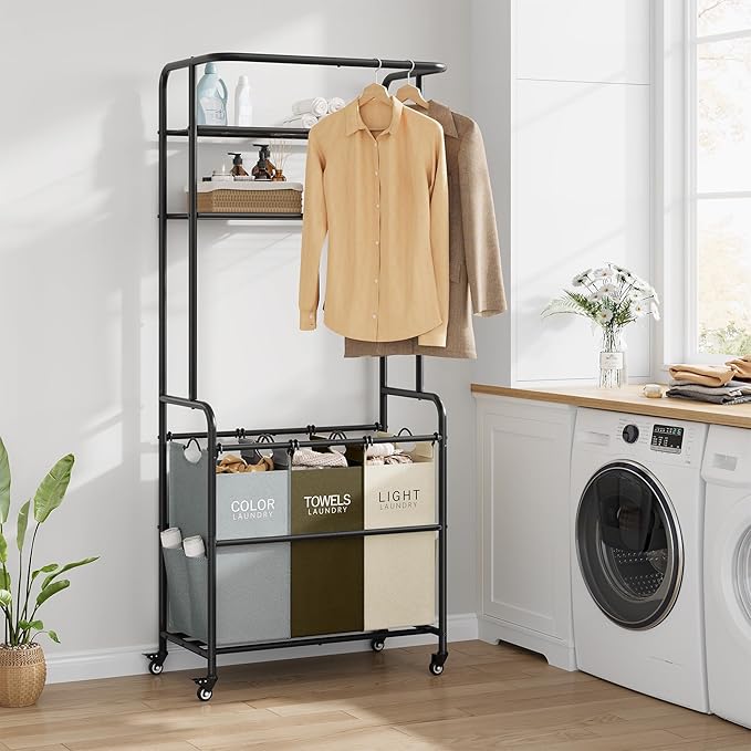 Laundry Sorter 3 Section,Laundry Hamper Cart with Hanging Rack & Removable Bags,Heavy Duty Laundry Basket Organizer with Wheels & 2 Tier Shelf,3 Colors-Ruum Studio Home