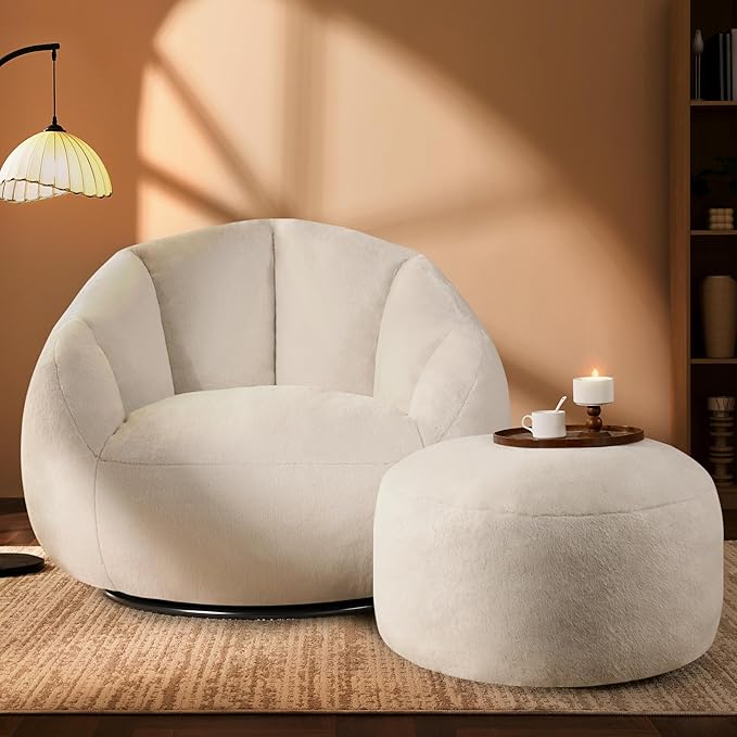 Giant Bean Bag Swivel Chair for Adults - Comfy Plush Round Shell Soft Accent Chaise Lounge Indoor Chair, Oversized Cozy Floor Sofa for Living Room, Bedroom & Game Rooms, Beige-Ruum Studio Home