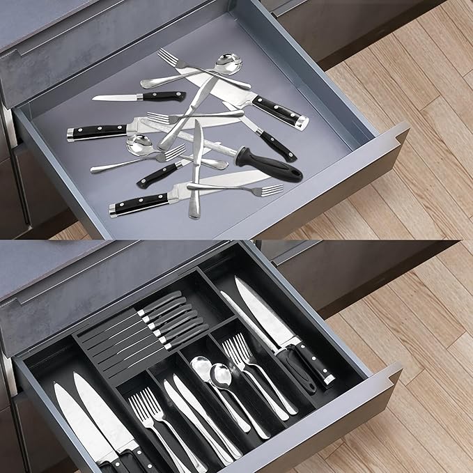 VaeFae Premium Bamboo Silverware Drawer Organizer Kitchen, Expandable Utensil Organizer with Knife Block, Cultery Tray with Divider for Flatware (Black)-Ruum Studio Home