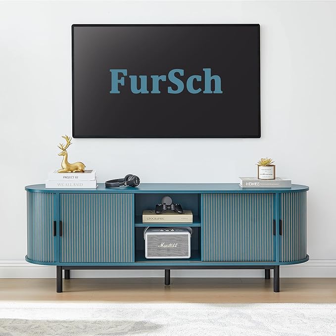 62" Tambour Door TV Stand,Wood Mid Century Modern TV Cabinet for Up to 75“ TV,Curved Edge Long TV Stand with Storage for Bedroom Living Room(62.2inch,Blue)-Ruum Studio Home