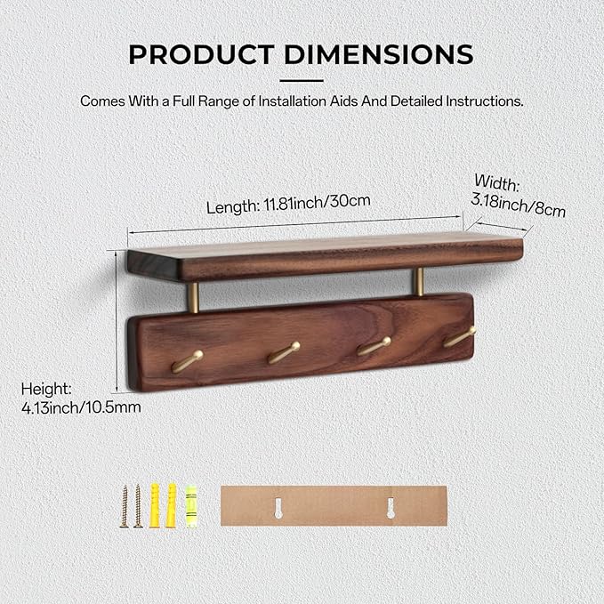 Shelf with Hooks, Solid Wood Bedroom Shelves for Wall, Wooden Coat Rack Wall Mount for Bathroom, Kitchen, Door Entryway (Walnut, 30cm/11.81inch)-Ruum Studio Home
