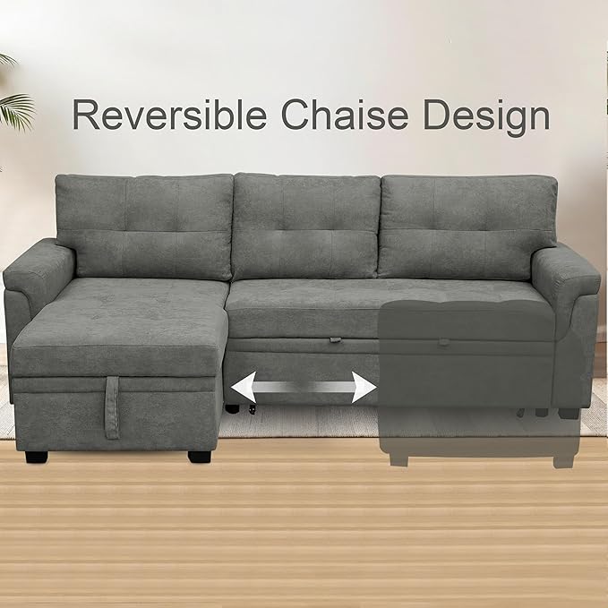Naomi Home Transform Any Space: Sleeper Sectional Sofa with Convertible Sofa Bed & Inviting Chaise. Find Tranquil Comfort with Stress-Relieving Design & Durable Cushions - Gray/Velvet-Ruum Studio Home