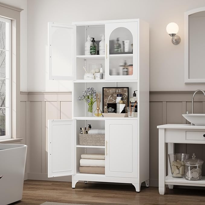 75" Tall Kitchen Pantry Cabinet, Metal Storage Cabinets with Acrylic Doors and Adjustable Shelves, Hutch Cabinet with Storage, White Microwave Stand Cabinets for Dining Living Room-Ruum Studio Home