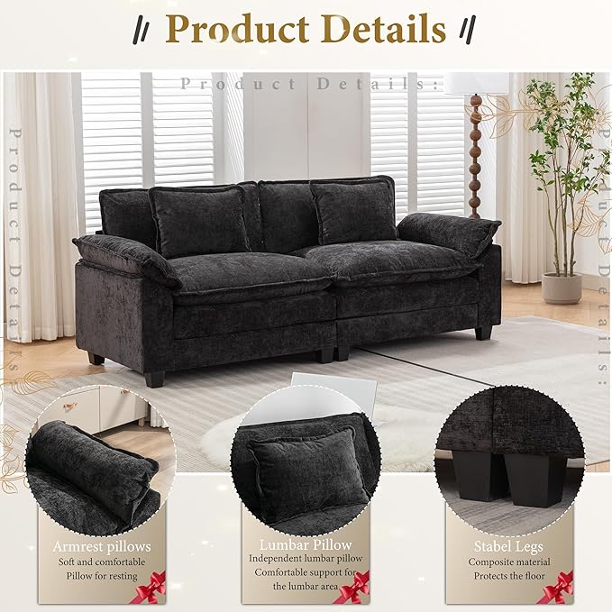 URRED Modular Sectional Sofa Comfy Cloud Couch, Modern Chenille Sofa Sleeper Deep Seat Couches with Ottoman/Pillows for Living Room (Black, 82.6'')-Ruum Studio Home