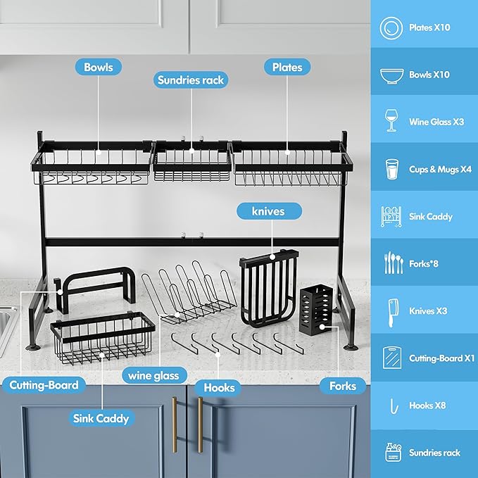 2 Tier Extra Large Stainless Steel Expandable Over The Sink Dish Drainer Drying Rack, Rust Proof Metal, Space Saving, Modern Black Big Capacity Extendable Plate Strainers Above Kitchen Counter-Ruum Studio Home