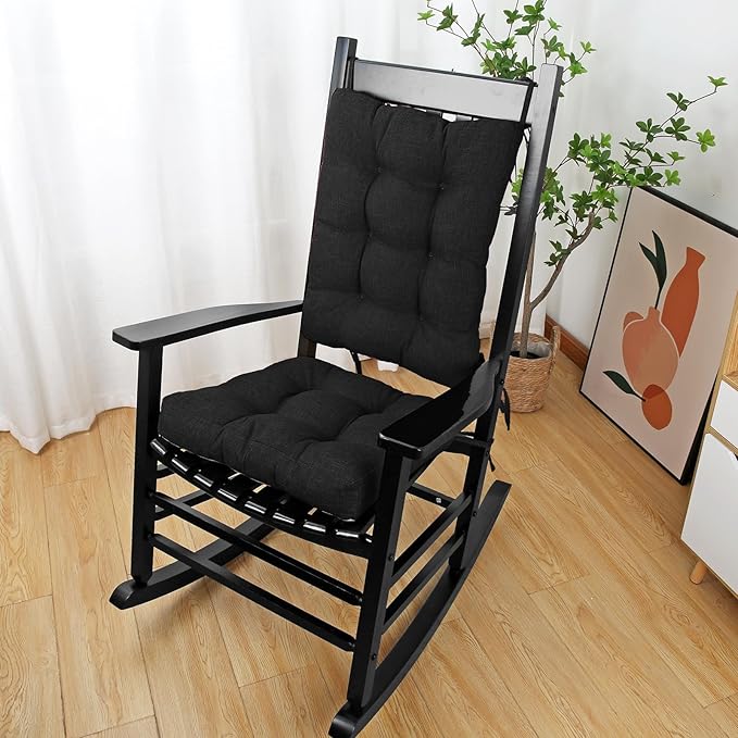 BUYUE Chair Cushion Set for Rocking Chair, Back Pillow & Seat Cushion with Ties, Original Woven Fabric Non-Slip Chair Pads for Elderly Sitting, Black-Ruum Studio Home