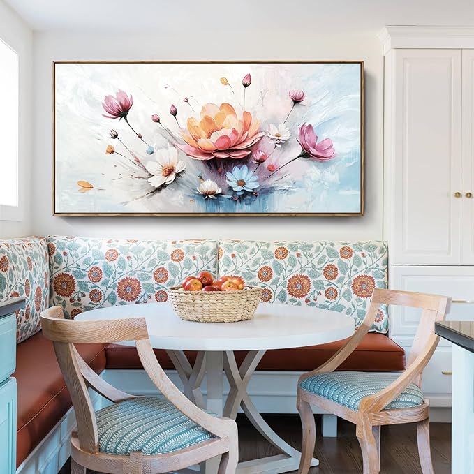 amatop Framed Floral Canvas Wall Art Picture Large Pink Blue Abstract Bloom Bouquet Print with Daisy Peony Elegant Botanical Nature Artwork for Living Room Bedroom Dining Room Entryway Decor 48x24 inch-Ruum Studio Home