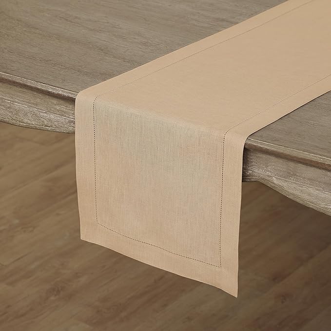 Solino Home Linen Beige Table Runner 72 Inches Long - 100% Pure Linen Hemstitch Table Runner 14 x 72 Inch for Dresser, Dining, Fall, Autumn, Halloween, Thanksgiving - Classic Hemstitch-Ruum Studio Home