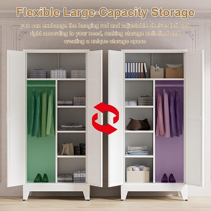 71'' Farmhouse Metal Wardrobe Cabinet with Hanging Rod, 2 Barn Door Wardrobe Closet with 5 Adjustable Shelves,Drawer,for Dining Room,Bedroom,Living Room, Cloak Room,Office (White)-Ruum Studio Home