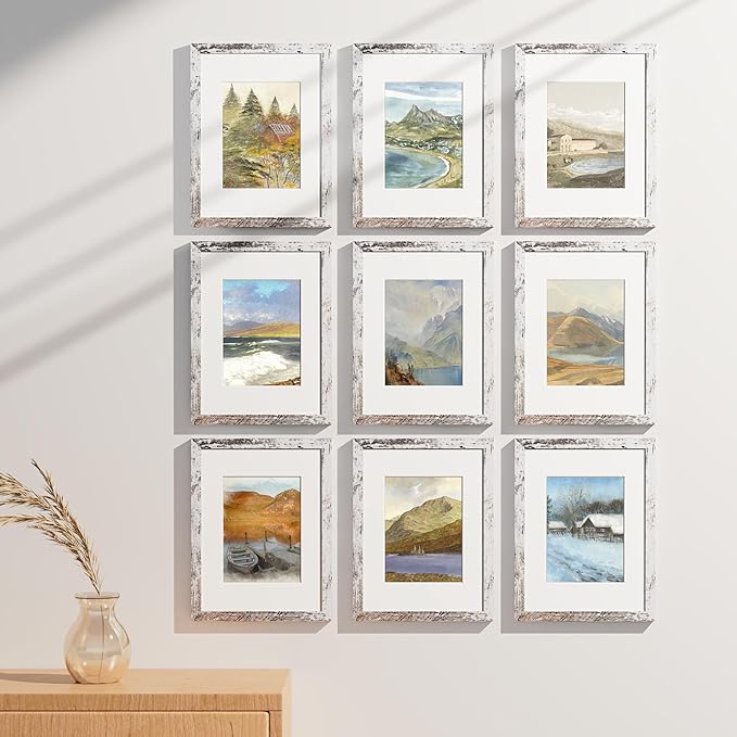 Vittanly 9x12 Picture Frames Set of 9, Shatter Resistant Plexiglass, Display 6x8 Pictures with Mat or 9x12 without Mat, Photo Frames for Wall or Tabletop, Engineered Wood, Distressed White-Ruum Studio Home