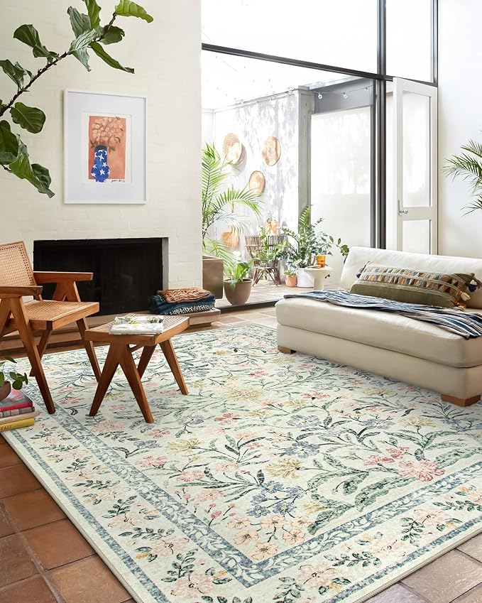 Wonnitar Large Washable 8x10 Rug, Boho Living Room Rug 8 x 10, Soft Floral Carpet for Bedroom Non Slip, Indoor Soft Beige Carpets for Dining Room Apartment Office-Ruum Studio Home
