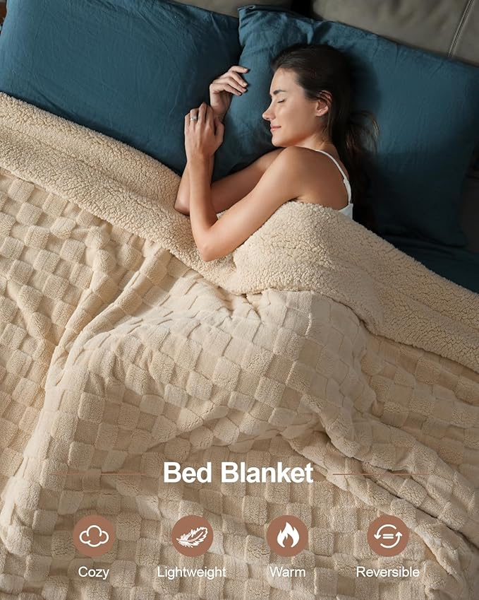 Pawque Super Soft Cozy Throw Blanket King Size for Couch Bed, Fluffy Sherpa Fleece Reversible Thick Warm Fuzzy Blanket for All-Season, 3D Checkered Jacquard Decorative Blankets, Khaki, 108"x90"-Ruum Studio Home