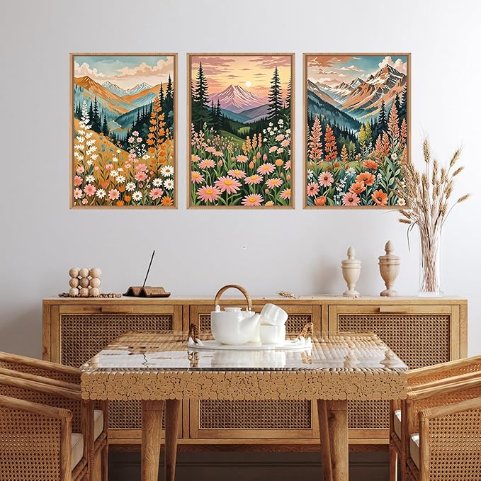 HPINUB Mountain Sunset Floral Framed Canvas Wall Art Set,Colorful Wildflower Daisy Flower Wall Decor,Boho Blossom Botanical Artwork Modern Nature Landscape Art Print for Living Room,Bedroom-24 x36 x3-Ruum Studio Home