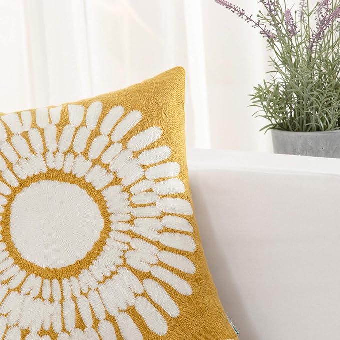 HWY 50 Mustard Yellow Decorative Throw Pillow Covers 18x18 Inch (1 Piece), Embroidered Cotton Modern Farmhouse Cushion Cover Pillow Case for Sofa Couch Living Room Bed, Sunflower-Ruum Studio Home