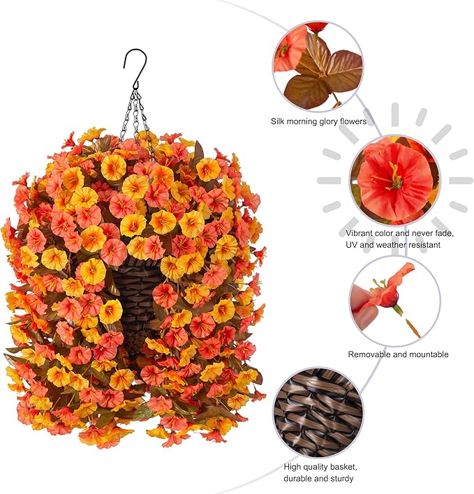 Artificial Fall Fake Hanging Flowers Plants Basket for Outdoor Autumn Decoration, Faux Silk Morning Glory Long Stems Vines Realistic UV Resistant for Outside Home Porch Garden (Fall Orange+Yellow)-Ruum Studio Home