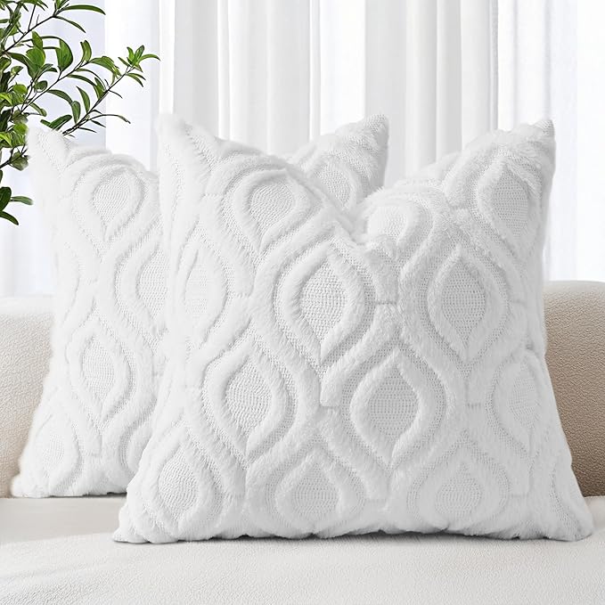 decorUhome Fall Throw Pillow Covers 24x24 Inch Set of 2, Soft Plush Decorative Faux Fur White Solid Couch Pillow Covers, Accent Farmhouse Neutral Square Euro Pillow Cases for Sofa Bed Living Room-Ruum Studio Home