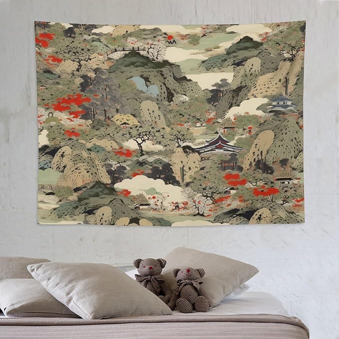 Asian Tapestry,Japanese Red Landscape Asian Watercolor Abstract Art Tapestry, Asian Japanese Wall Tapestry, Nature Landscape Tapestries for Bedroom Living Room Decor 80"x60"-Ruum Studio Home