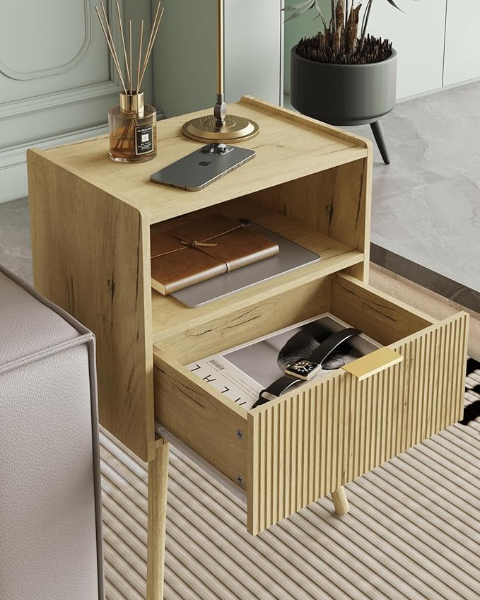 Nightstand,Modern Bedside Table with Storage Drawer and Open Wood Shelf, Accent Night Stand with Solid Wood Legs for Living Room, Bedroom and Small Spaces,Easy Assembly (Yellow Oak)-Ruum Studio Home