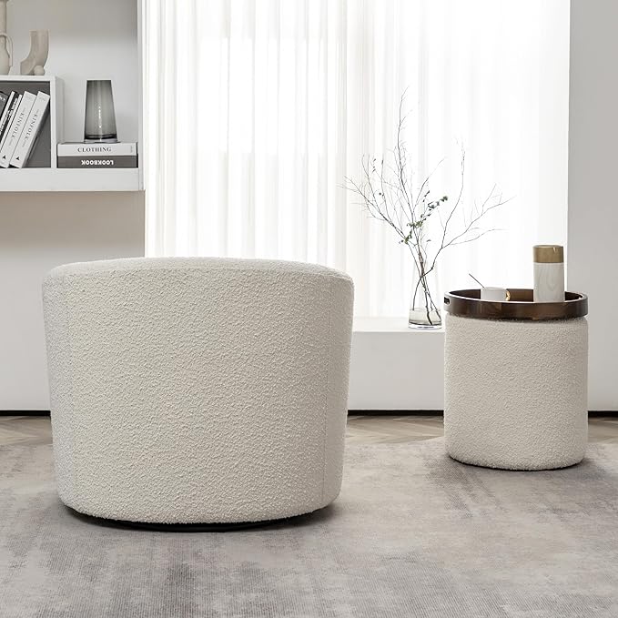 KINWELL 34" Boucle Swivel Barrel Chair with 18" Round Ottoman Set, Fully Assembled Set of Sherpa Accent Chair and Footrest, Modern Comfy Armchair and Footstool for Living Room and Bedroom, Cream-Ruum Studio Home