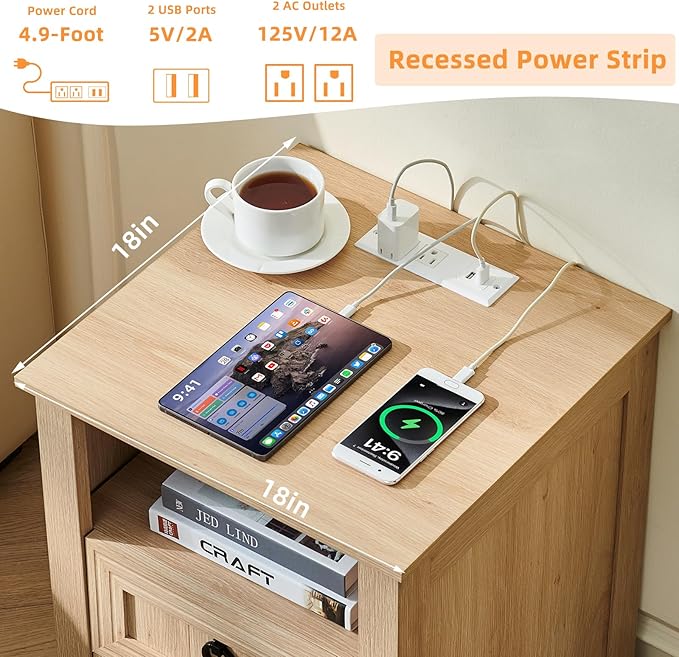 18" Farmhouse Night Stands Set of 2 with Charging Station, 2 Drawers Bedside End Table, Natural Wooden Nightstand, Bed Side Table Cabinet with Open Shelf for Bedroom Living Room Office-Ruum Studio Home