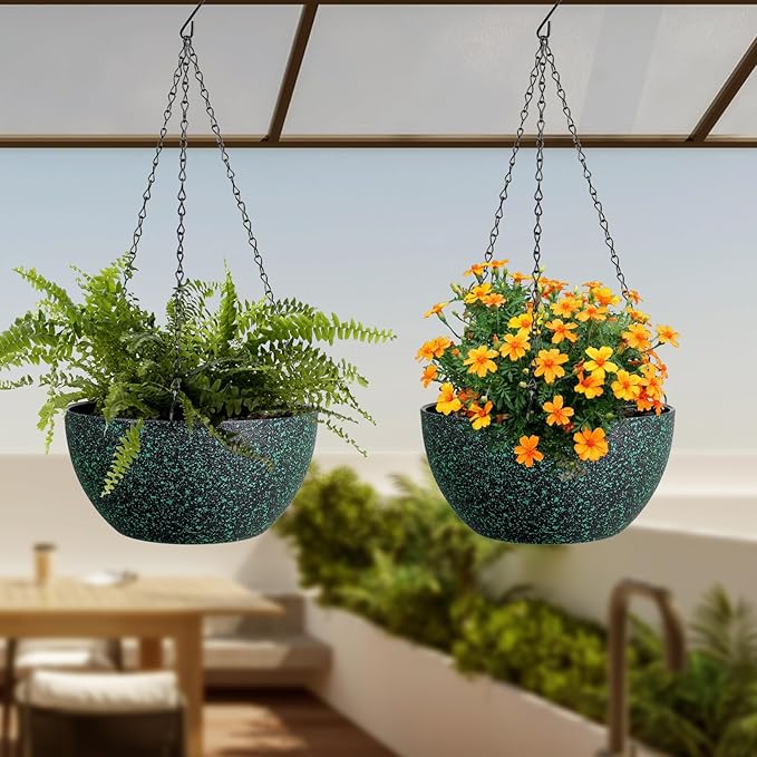 10 inch Hanging Planters for Indoor Outdoor Plants, 2 Pack Hanging Flower Pots with Drainage Holes and Chain for Garden, Plastic Hanging Baskets for House Plants, Black with Green Speckles-Ruum Studio Home