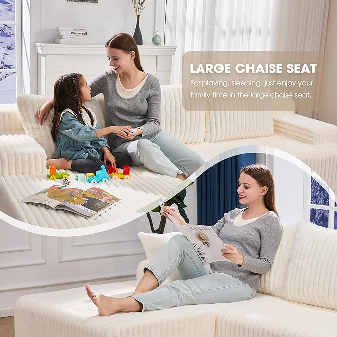 Hobestluk 96” Modular Sectional Sofa Couches L-Shape Couch 3 Seat Modular Sofa Memory Foam Sectional Couches for Living Room, Cloud Couch with Oversized Chaise (White, Stripe (Left Facing Chaise))-Ruum Studio Home